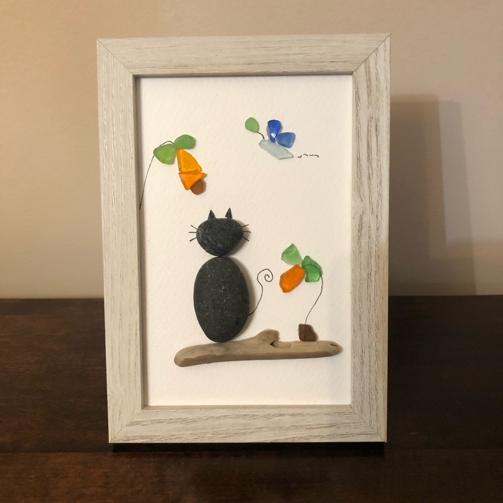 SEA GLASS ART PEBBLE ART Framed Sea Glass & Pebble Cat Art - Black CaT
